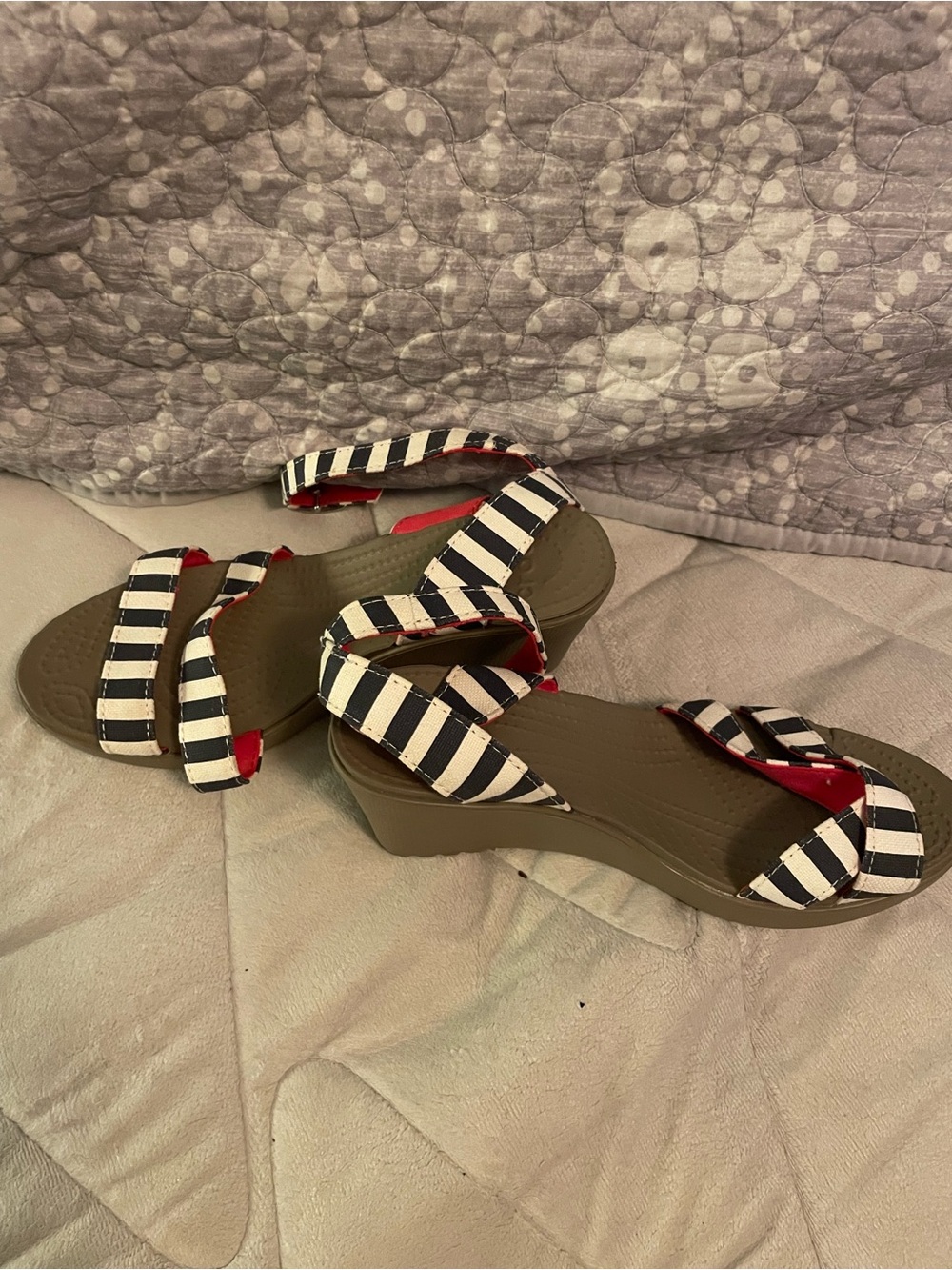 CROCS Black & White Striped Wedge Sandals with Red Accents